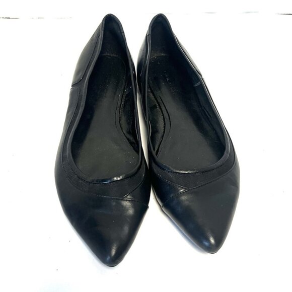 Nine West Black Leather Ballet Flats sz 8 Pointed Toes Mesh Insert Minimalist - Picture 2 of 10